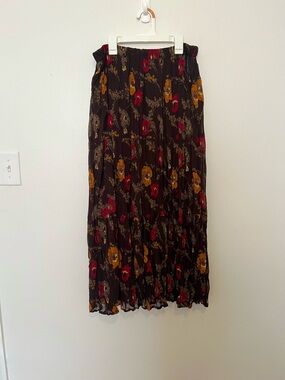 krazy kat Dark Brown Floral Pleated Maxi Skirt with Red and Orange Blooms